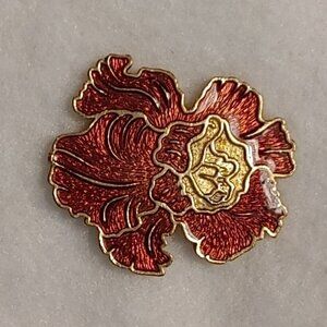 Vintage Floral Flower Red Enamel Gold Tone Brooch Pin